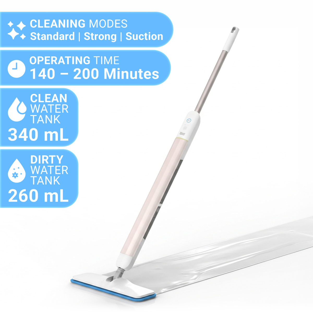 Безжичен електрически моп iHunt BRO CleanWave EM1, почистване с автоматична смяна на водата, резервоар за чиста вода 340 мл и за мръсна вода 260 мл, батерия 2600 mAh, зареждане чрез USB, тих 50 dB, бял 1